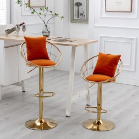 Orange velvet bar chair, pure gold plated, unique design, 360 degree rotation, adjustable height, Suitable for dinning room and bar, set of 2