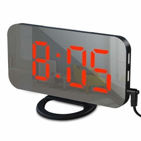 Digital LED Alarm Clock Mirror 2 USB Charger Ports Night Light LED Table Clock Snooze Function Adjustable Brightness Desk Clocks (Color: Black-Red)