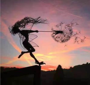 Dandelion Figurine Fairies Pixies Dancing Fairy Statue Steel Wires Fairy Garden Miniature Sculpture Mythical Garden Yard Decor (Color: E)